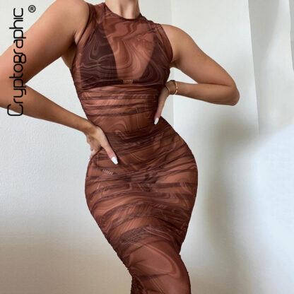 Купить Fashion Swirl Print Mesh See Through Midi Dress Women Night Club Party Sleeveless Sexy Dresses Bodycon Clothes