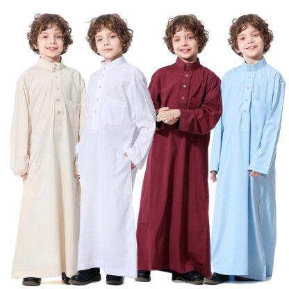 Купить Muslim Children Abaya Ramadan Jubba Thobe Boy Long Dress Kids Caftan Islamic Robe Stand Collar Kaftan Dubai Arab Worship Service