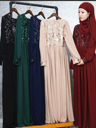 Купить Turkish Muslim Embroidery Abaya Dress Plus Size Women A-line Big Swing Maxi Dresses Sequin Long Robe Dubai Arab Islamic Clothing