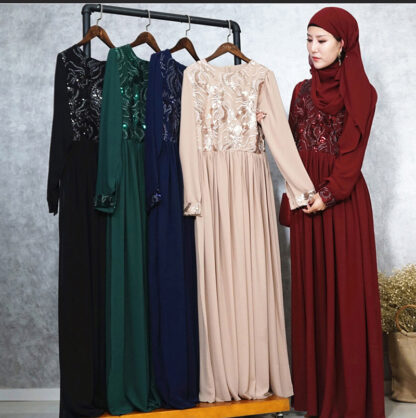 Купить Turkish Muslim Embroidery Abaya Dress Plus Size Women A-line Big Swing Maxi Dresses Sequin Long Robe Dubai Arab Islamic Clothing