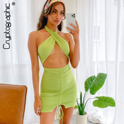 Купить Elegant Drawstring Ruched Sexy Criss Cross Halter Backless Mini Dress Night Club Party Outfit Summer Solid Dress