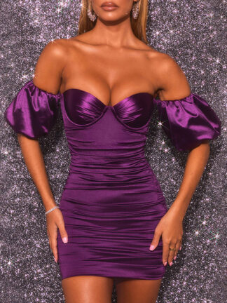 Купить Satin Fashion Ruched Sexy Mini Dresses Party Night Club Backless Off Shoulder Elegant Bodycon Dress Spring 2021