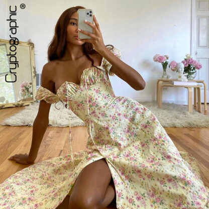 Купить Floral Print Fashion Puff Sleeve Ruched Midi Sundress Sexy Women Party Club Dress Cottagecore Split Dress Elegant