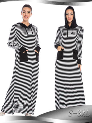 Купить Kaftan Dubai Muslim Hijab Dress Women Casual Stripe Hooded Poet Trasuit Abaya Dresses Arabic Moroccan Turkey Clothing 2021