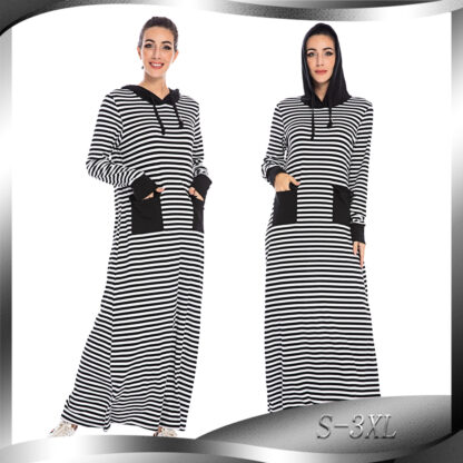 Купить Kaftan Dubai Muslim Hijab Dress Women Casual Stripe Hooded Poet Trasuit Abaya Dresses Arabic Moroccan Turkey Clothing 2021