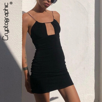 Купить Spaghetti Strap Sexy Cut-Out 2021 Summer Mini Dresses Women Fashion Elegant Sleeveless Black Bodycon Dress Clothes