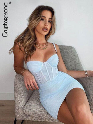 Купить Fashion Mesh Corset Ruched Mini Dress Sleeveless Party Night Club Summer Gown Sexy Backless Dresses See Through