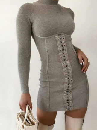 Купить Long Sleeve Lace Up Mini Dresses Knitting Club Party Dress Elegant Bodycon Dress Autumn Mock Neck Dress Casual