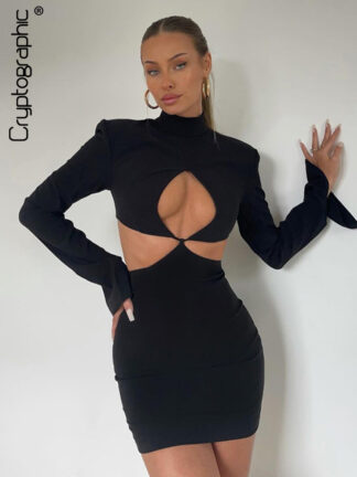 Купить Elegant Cut Out Sexy Bodycon Dress for Women Club Party Long Sleeve Black Sexy Dresses Birthday Outfits Clothes