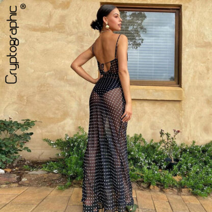 Купить Spaghetti Strap Polka Dot Maxi Dresses Sexy Backless Women Dresses Party Club Black Mesh See Through Dress Elegant