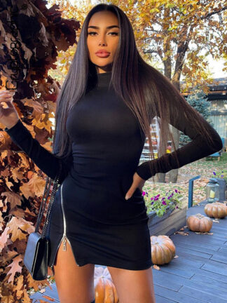 Купить 2022 Spring Zip Up Slit Mini Dress for Women Fashion Outfits Casual Long Sleeve Bodycon Dresses Skinny Clothes