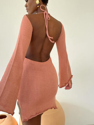 Купить 2021 Fall Halter Sexy V Neck Backless Mini Dress Womens Clothing Birthday Elegant Knit Flare Sleeve Dresses Skinny