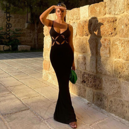 Купить Spaghetti Strap Cut Out Maxi Dress Outfits for Women 2021 Autumn Club Party Sexy Backless Black Dresses Clothes