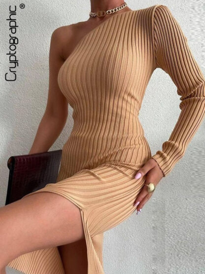 Купить Elegant Fashion Split Dress for Women Outfits Long Sleeve One Shoulder Knitted Midi Dresses Spring Autumn Clothes