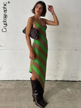 Купить Fashion Green Striped Print Summer 2022 Tank Dress for Women Sleeveless Club Party Irregular Midi Dresses Clothes