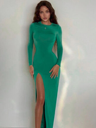 Купить Fashion Green Sexy Backless Maxi Dress Club Outfits for Women Elegant Long Sleeve Slit Dresses Fall 2021 Clothes