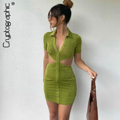 Купить Elegant Single Breasted Summer Shirt Dress Short Sleeve Fashion Turn-Down Collar Sexy Cut-Out Dresses Clothes