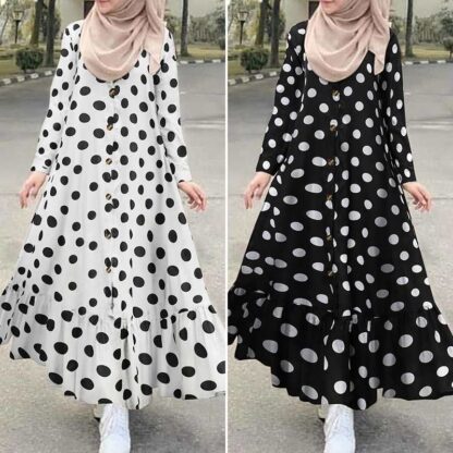 Купить Womens Print Muslim Dress Dubai Turkish Ruffle Dress Kaftan Floral Maxi Vestidos Female Button Islam Clothing Robe Oversized