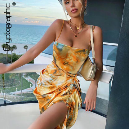 Купить Sleeveless Spaghetti Strap Fashion Floral Print Mini Dresses Sexy Backless Dress Club Split Dress Summer Beachwear