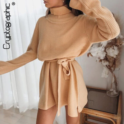 Купить 2021 Fall Autumn Knitted Sweaters Dress Turtleneck Long Sleeve Split Mini Dress Club Party Dresses Oversized Tunic