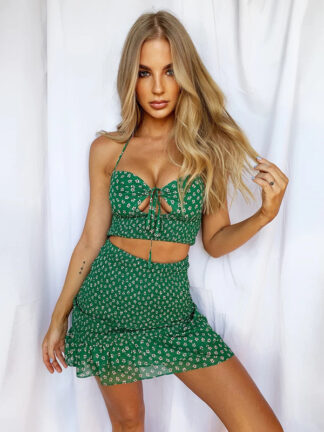 Купить Floral Print Sexy Top and Skirt Two Piece Sets Matching Sets Halter Tie Front Baless Crop Tops Summer Outfitshigh quality