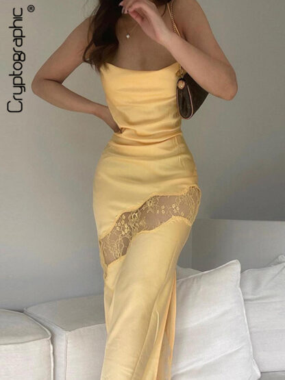 Купить Elegant Sexy Slip Lace Maxi Dress for Women Summer Party Club Split Fashion Spaghetti Strap Long Dresses Vestido