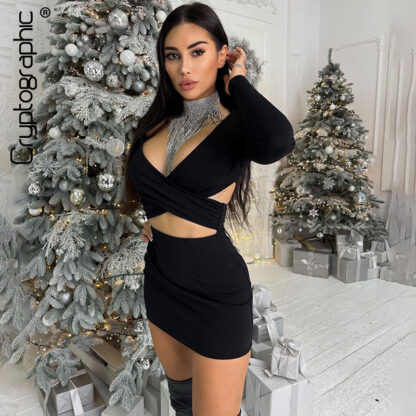 Купить 2021 Autumn Long Sleeve Wrap Mini Dress Outfits for Women Sexy Cut Out Club Party Christmas Dresses Slim Clothes