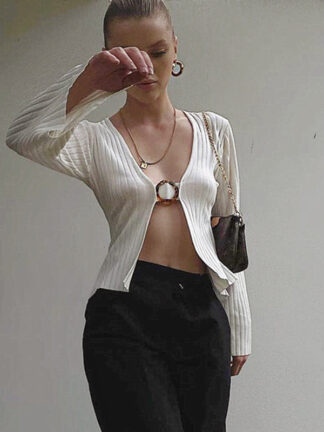 Купить Chic Fashion Plunge Sexy Top and Blouse Women Flare Sleeve Ribbed Knitted White Tops Blouses Elegant Solid Clothes