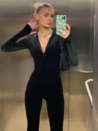 Купить Casual Fashion Velvet Hooded Zipper Jumpsuits Women Rompers Club Party One Piece Outfits Fall 2021 Overall Clothes