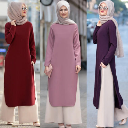 Купить Muslim Abaya Dress Long Tops Arab Turkey Dubai Brief Solid Side Split O Ne Long Sleeve Top Eid Ranmadan Islamic Clothing Ropa