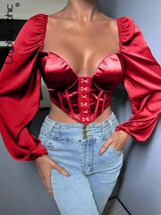 Купить Satin Elegant Square Collar Womens Tops and Blouses Fashion Breasted Shirts Blouse Cropped Top Elegant Club Party