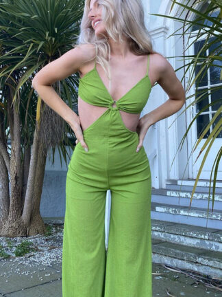 Купить Sexy Cut Out Green Jumpsuits Women Rompers Fashion Club One Piece Outfits Summer Straps Overalls Clothes