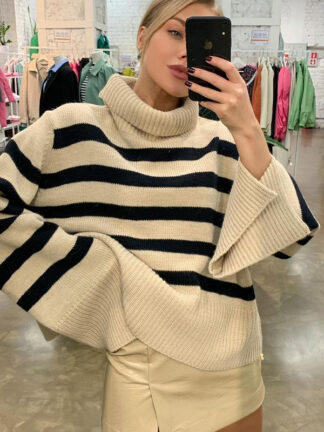 Купить Fall Winter Knitted Casual Pullovers Sweaters for Women Tops Sweaters Striped Long Sleeve Turtleneck Top Oversized