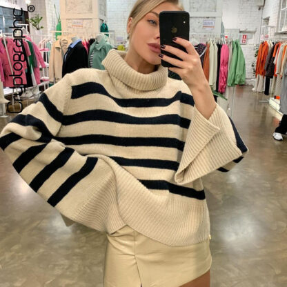 Купить Fall Winter Knitted Casual Pullovers Sweaters for Women Tops Sweaters Striped Long Sleeve Turtleneck Top Oversized