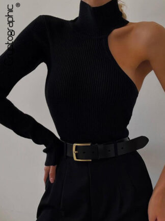 Купить 2022 Spring One Shoulder Ribbed Knitted Elegant Bodysuit Women Skinny Tops Party Sexy Cut Out Bodysuits Clothes