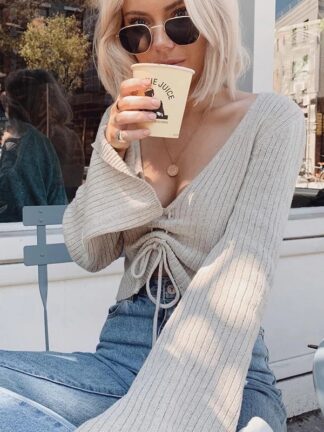 Купить Fashion V-Neck Drawstring Ruched Female Crop Tops Casual Long Sleeve Striped Blouses for Women 2021 Autumn Winter