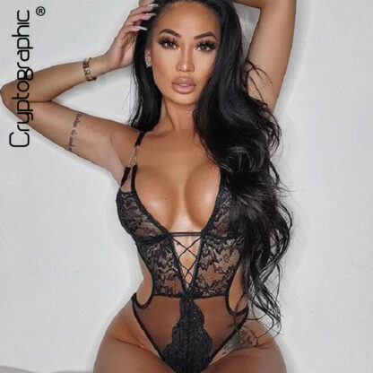 Купить Deep V-Neck Plunge Strappy Sheer Sexy Lace Bodysuit Club Female Body See Through Backless Bodysuit Thong Teddy