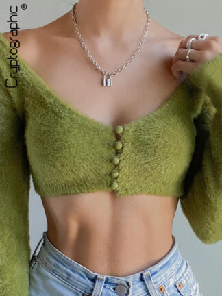 Купить Spring Chic Long Sleeve Elegant Mohair Women Tops Cropped Sexy Club Party Button Up Green T-Shirts Y2K Streetwear