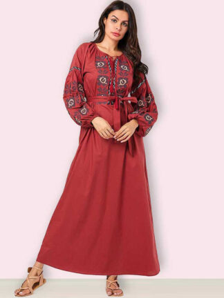 Купить Turkey Islamic Muslim Abaya Dress Women puff sleeve lace-up floral Hijab Dresses Kimono Jilbab Vestidos Moroccan Kaftan Robe