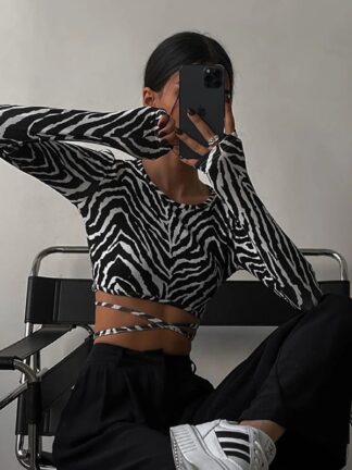 Купить Fashion Elegant Sexy Backless Zebra Print Women Top Long Sleeve Cropped Top T-Shirts Autumn Bandage Top Tees Slim