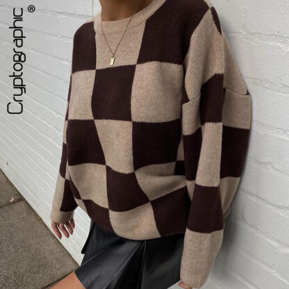 Купить Autumn Winter Knitted Checkered Loose Sweaters Women Fashion Long Sleeve Top Pullover Streetwear Sweater Oversized