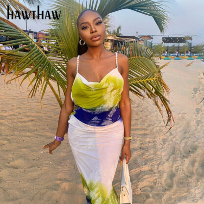 Купить Hawthaw Women Summer Sleeveless Printed Bodycon Beach Backless Pencil Long Dress Sundress 2021 Female Clothing Streetwear