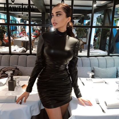 Купить Hawthaw Women Autumn Winter Long Sleeve Pu Leather Black Bodycon Party Club Package Hip Mini Dress 2021 Fall Clothes Streetwear