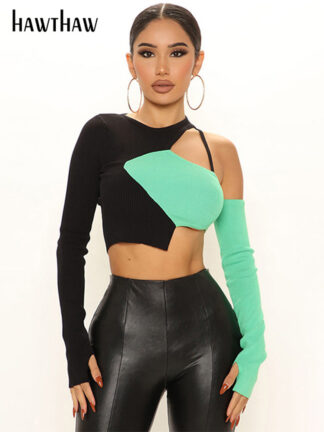 Купить Hawthaw Women Long Sleeve One Shoulder Color Block Hollow Out Crop Tops T Shirt 2022 Spring Autumn Clothes Wholesale Items