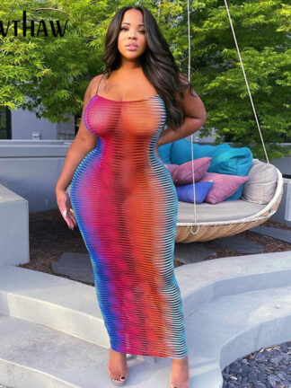 Купить Hawthaw Women Fashion Summer Sleeveless Bodycon See Through Printed Pencil Long Dress Sundress 2021 Female Clothing Streetweard