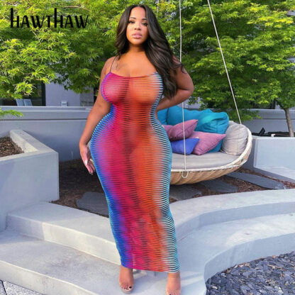 Купить Hawthaw Women Fashion Summer Sleeveless Bodycon See Through Printed Pencil Long Dress Sundress 2021 Female Clothing Streetweard