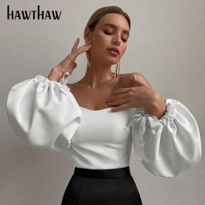 Купить Hawthaw Women Fashion Autumn Winter Slash Neck Lantern Sleeve Soild Color White Tops T Shirt 2022 Female Clothing Streetwear