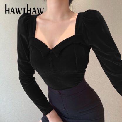 Купить Hawthaw Women Fashion Autumn Winter Long Sleeve Square Neck Velvet Female Soild Color Tops T Shirt 2021 Fall Clothes Streetwear