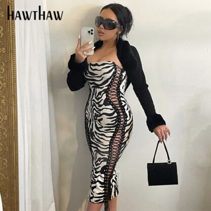 Купить Hawthaw Women Summer Autumn Strapless Zebra Striped Printed Bodycon Black Tube Midi Dress 2021 Fall Clothes Wholesale Items