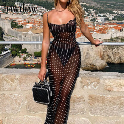 Купить Hawthaw Women Autumn Summer Polka Dot Backless Sleeveless See Through Black Long Dress Sundress 2021 Fall Clothes Streetwear